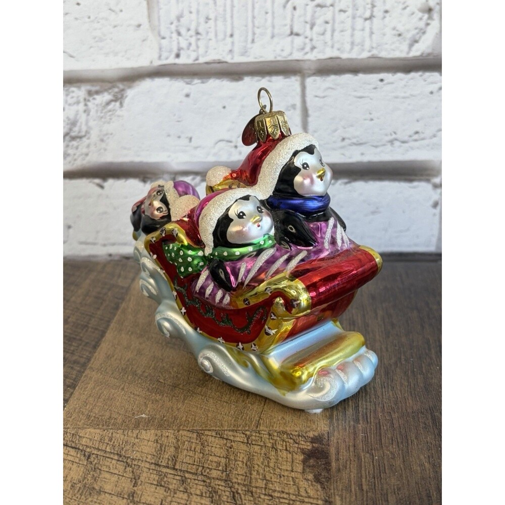 Christopher Radko Holiday Celebrations Penguin Sleigh 2005 Glass Ornament